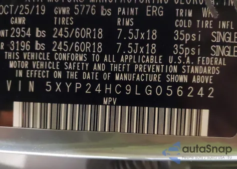 2020 Kia Telluride Lx z USA, uszkodzony, nr VIN 5XYP24HC9LG056242